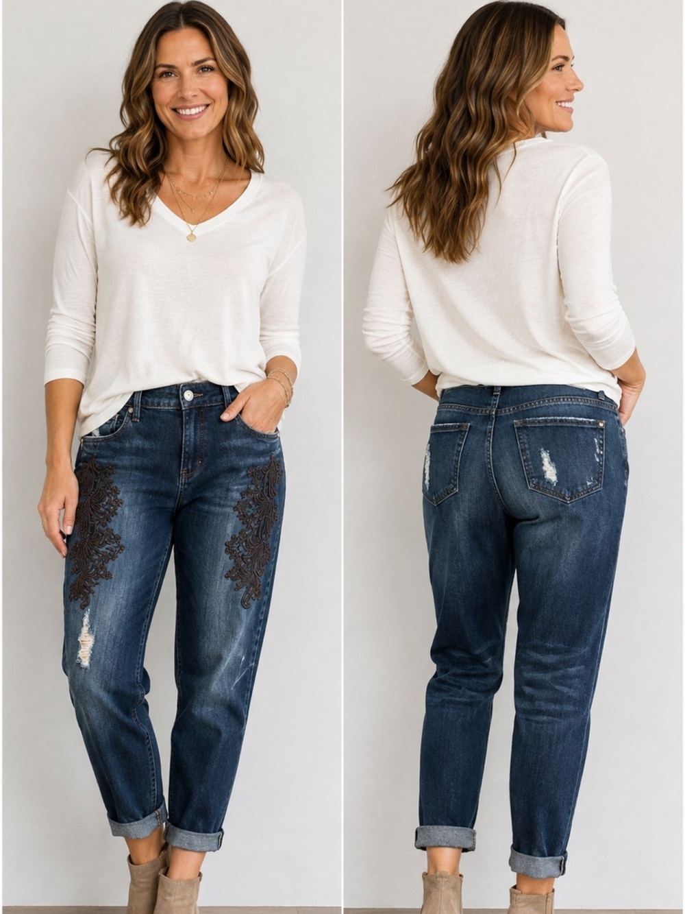 KUT from the Kloth Katy Slouch Boyfriend Jeans Sz 8 Embroidered Floral Distress